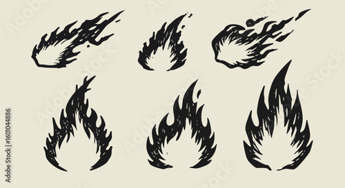 Hand Drawn Fire and Flame Icons Set Vector Illustration