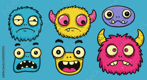 Vibrant Hand Drawn Cartoon Monster Faces Set