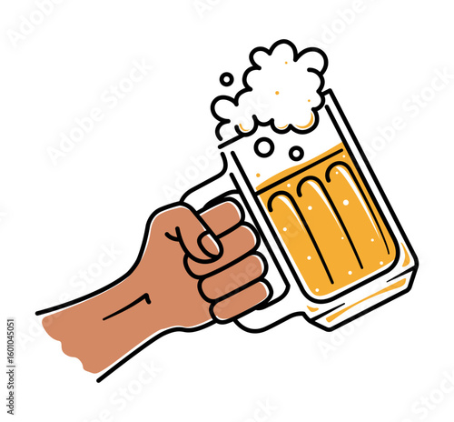 A hand holds a mug filled with golden beer with bubbles rising from it. This moment captures a festive gathering with a joyful atmosphere, perfect for toasting with friends