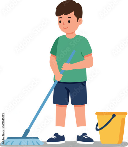 Boy cleaning floor with mop and yellow bucket in casual clothes vector illustration