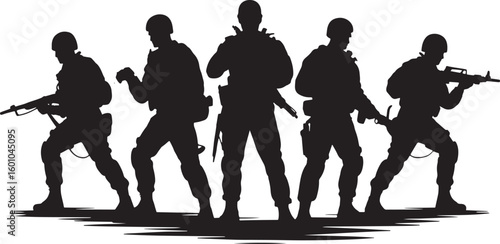 Silhouetted Soldiers in Combat Stance with Rifles and Equipment