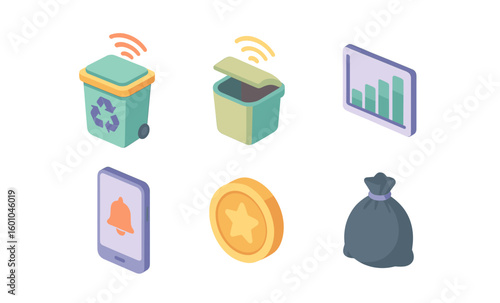 Colorful isometric icons: recycling, technology, and finance