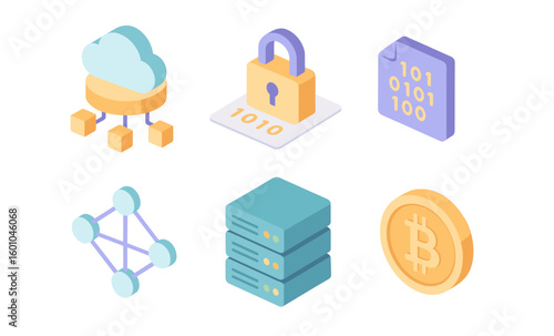Isometric icons for cloud computing and cryptocurrency security