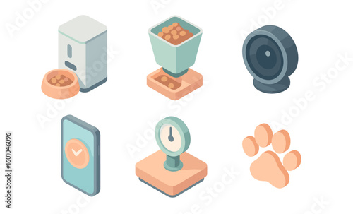 Isometric pet care icons: smart gadgets for modern pet owners