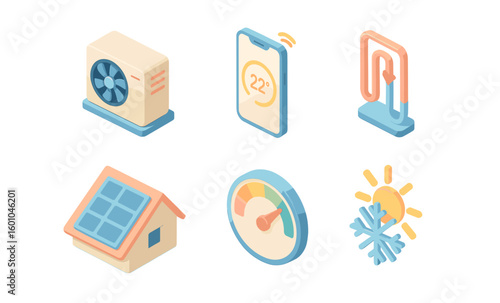 Smart home climate control icons in modern isometric style