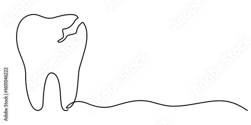 Single one line drawing a middle cracked tooth. Painful. Discomfort. Importance of dental care. Prevention to avoid dental problems. National Toothache. Continuous line design graphic illustration. 