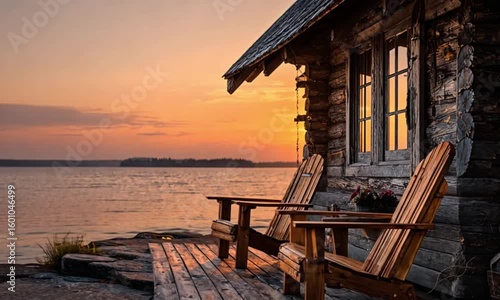 Adirondack chairs sit on wooden deck in front of log cabin at sunset overlooking a lake