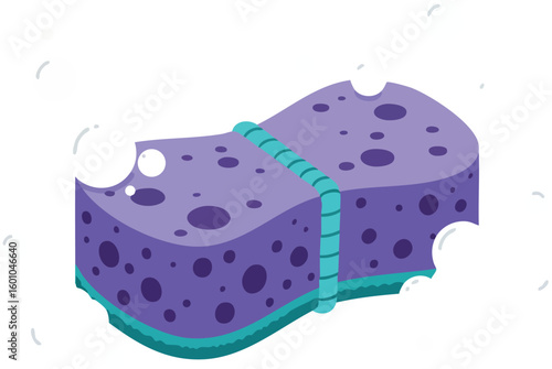 Purple kitchen cleaning sponge with bubbles vector illustration for household chores