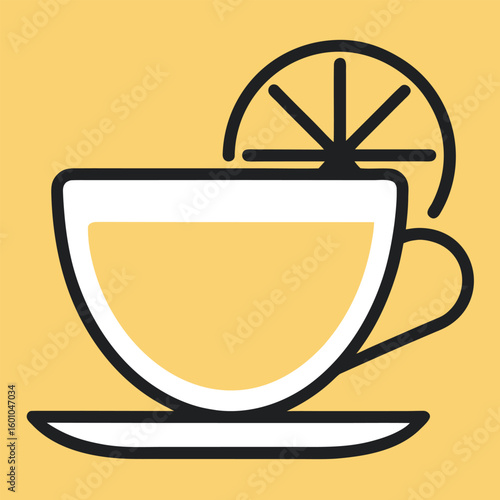 Simple line icon of a teacup with lemon slice.