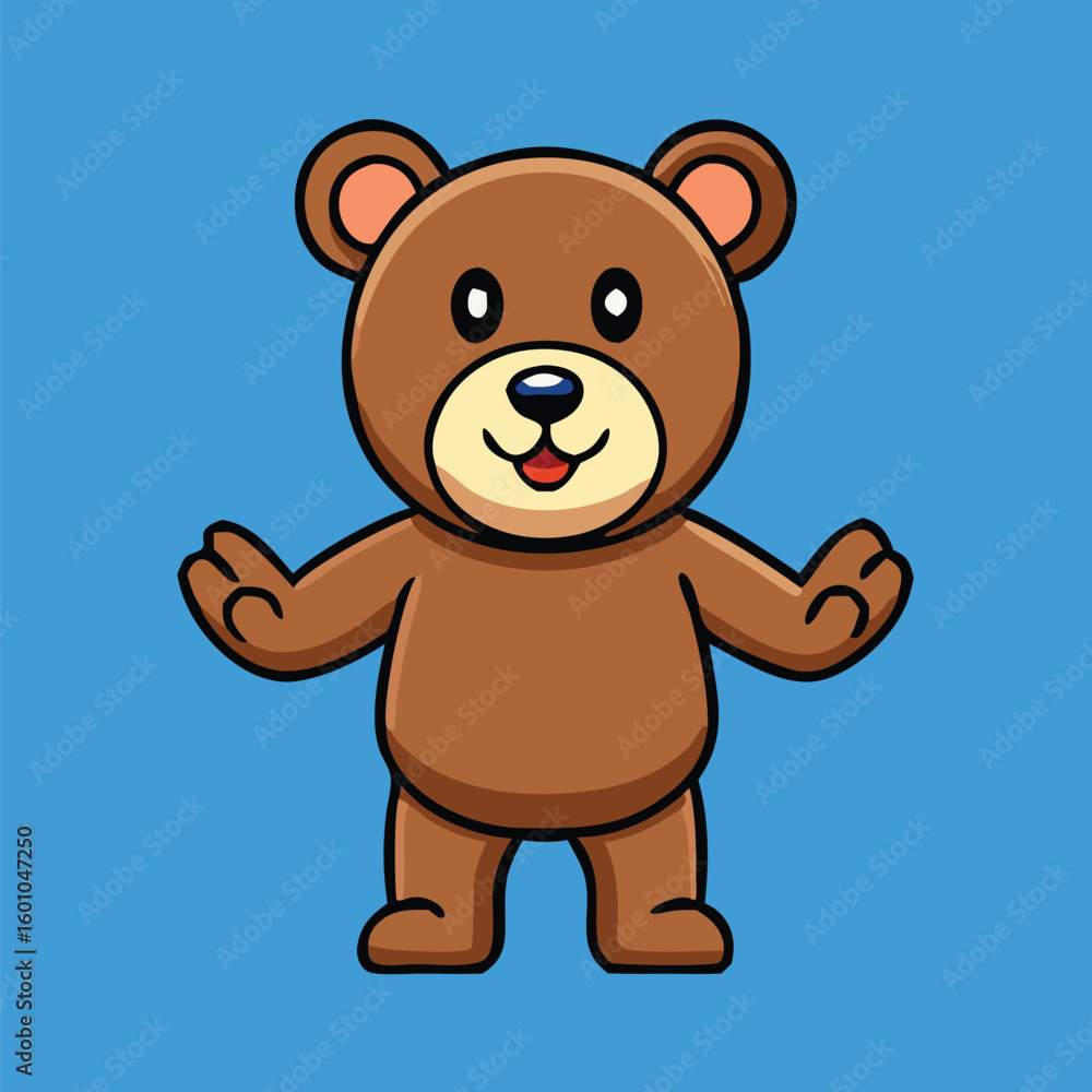 Obraz premium Cartoon brown bear standing happily with its arms raised on a blue background