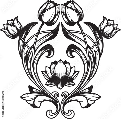 Art nouveau inspired ornamental flourish with tulip and lotus elements, symmetrical, bold outlines,