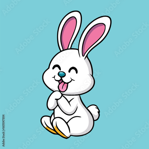 Adorable cartoon white bunny is sticking its tongue out happily on light blue background