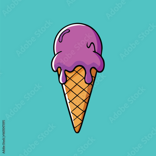 An appetizing purple scoop rests cheerfully atop the crispy waffle cone, centered