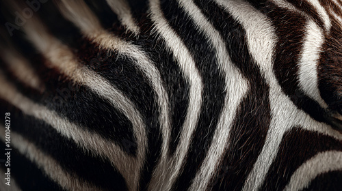 Zebra fur background with organic black and white stripes on natural hide.
