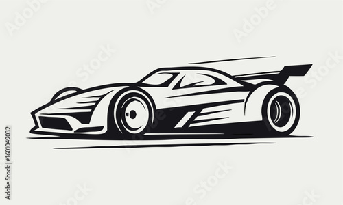 A sleek monochrome race car speeds forward, its spoiler emphasized, with transparent background