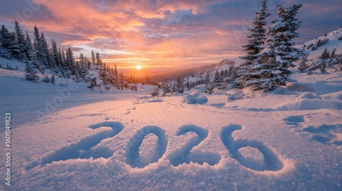 Snowy landscape with 2026 etched in snow. Sunrise