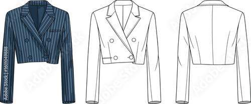 Cad drawing flat vector illustration, double-breasted cropped blazer front back views, fashion design sketch, stylish garment technical jacket templateWeb