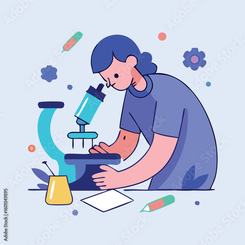 Asian woman examines sample closely through blue microscope within a minimalist scene