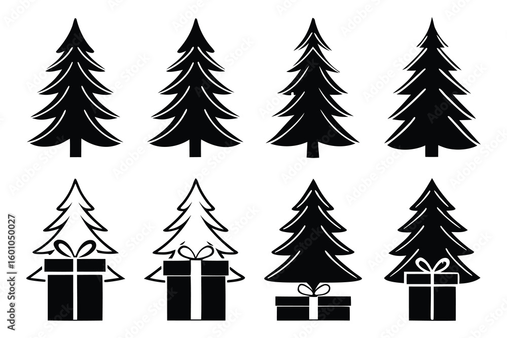 Obraz premium Black silhouette Christmas trees and gift boxes white