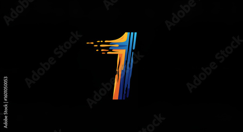 Abstract number one with a dynamic, flowing design in blue, orange, and yellow on a black background.