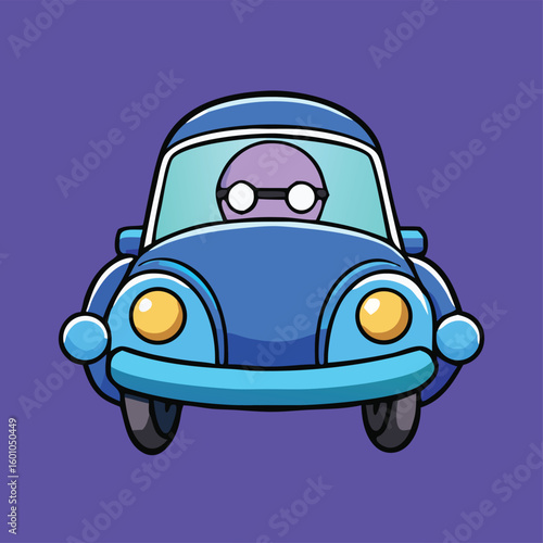 An alien with eyeglasses appears inside of a cartoonish blue car on violet background