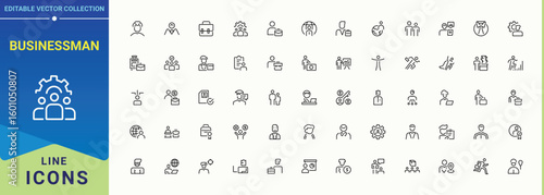 Businessman line icon set. Isolated icons. Vector artwork and illustration. Employee vector icon set. Featuring team, people, person, leader, human and more.