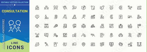 Consultation icon set. Consultation icon set. Thin linear style icons. Containing project management, process optimization, head, office, information and more. Pictogram and infographic.