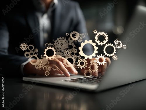 AI powered automation for business process and workflow. Many gear icons. Businessman using laptop computer to manage intelligent process automation technology.