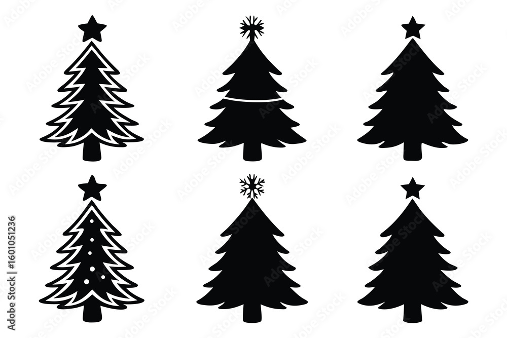Obraz premium Six black silhouette Christmas trees with stars and snowflakes