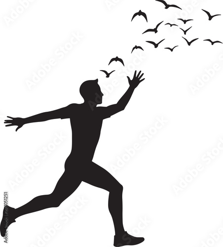 Black vector silhouette illustration of people running dancing and jumping with a man holding a sword