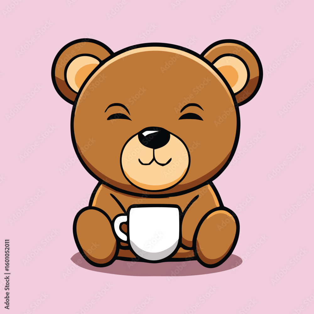 Obraz premium Cartoon brown bear holds a white cup and sits calmly against pink background
