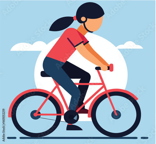 Brunette woman with helmet is riding a red bicycle in the blue sky