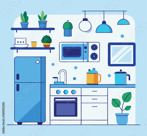 Bright, cheerful cartoon kitchen shows common appliances and potted plants with a modern style