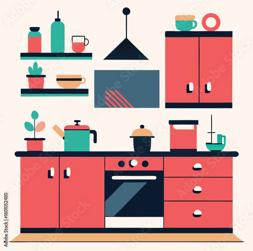 A stylized contemporary kitchen displays vibrant colors and geometric shapes with minimalist detail to show retro aesthetic