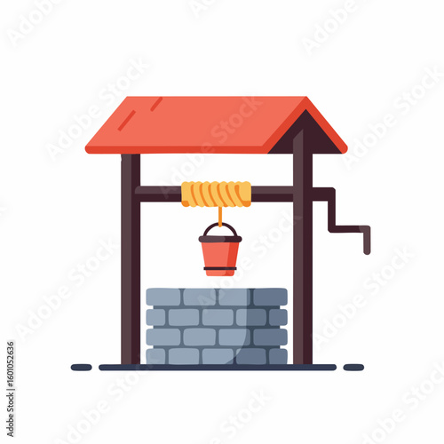 Traditional Water Well Flat Design Isolated Vector Illustration
