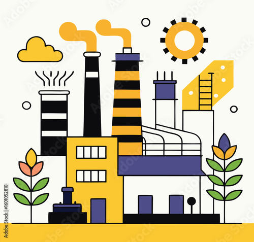 An abstract industrial cityscape shows the factory with smoke and sun among vegetation