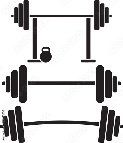 Fitness gym vector illustration of a set of metal dumbbells and barbells for strength training and bodybuilding