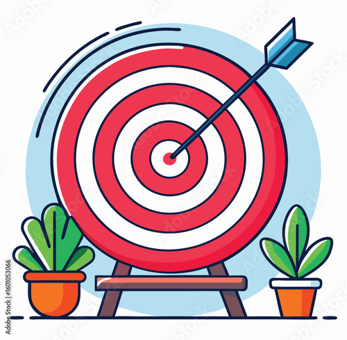 Arrow pierces the center of a red and white target, flanked by potted plants