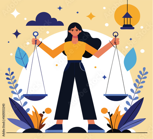 An Asian woman is holding scales amidst celestial bodies and blue botanical elements
