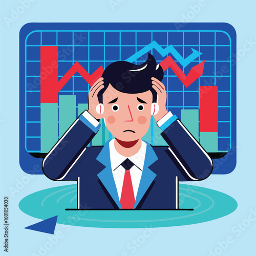 Businessman with hands on head stares at the fluctuating financial graph displayed behind him