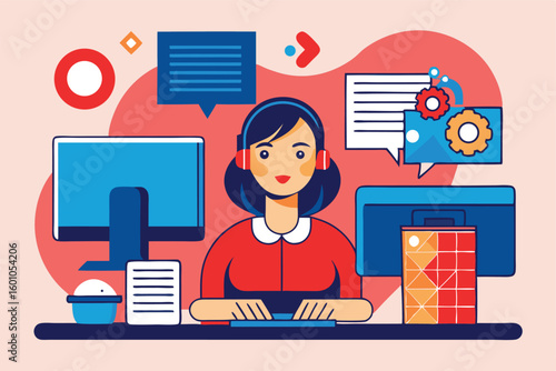 Brunette woman with headset types on keyboard amidst floating tech elements