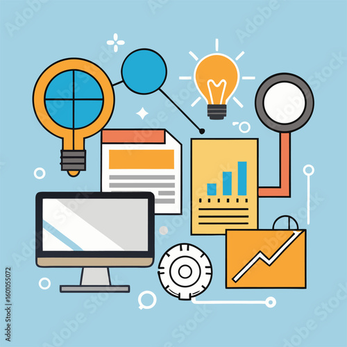 Cartoon icons showing idea lightbulbs, computer, report and graph on a sky blue backdrop