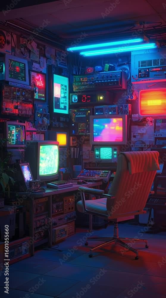 A glowing retro room filled with neon lights, classic tech gadgets, and vintage computer vibes, animated in a loop. A glowing retro room filled with neon lights, classic tech gadgets, and vintage computer vibes, animated in a loop.