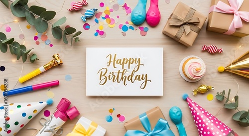 Colorful Celebration Scene Featuring Happy Birthday Card and Festive Party Supplies