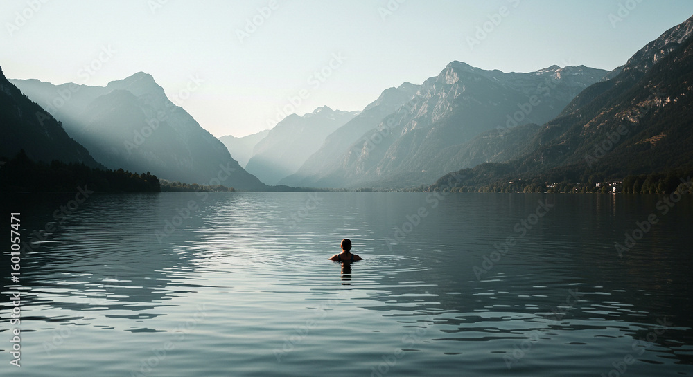Naklejka premium Swimmer in a peaceful alpine lake with dramatic mountain backdrop at sunrise
