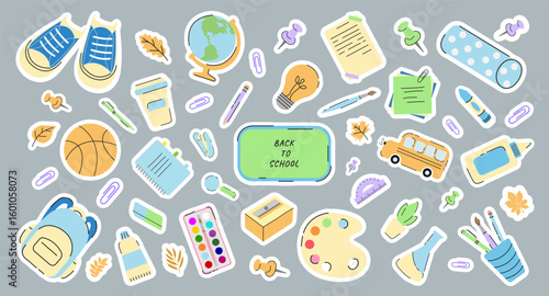 School Supplies Modern Stickers Set. Back to school. Books, Globe, Backpack, Stationery. Kids Vector Illustration in Doodle Style. Education Art Supplies and School Stationery, School Bus, Board.