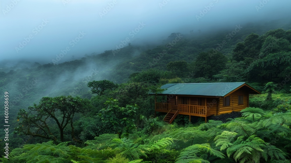 photograph of Small Wooden House in Misty Green Valley wide angle lens photograph of Small Wooden House in Misty Green Valley wide angle lens