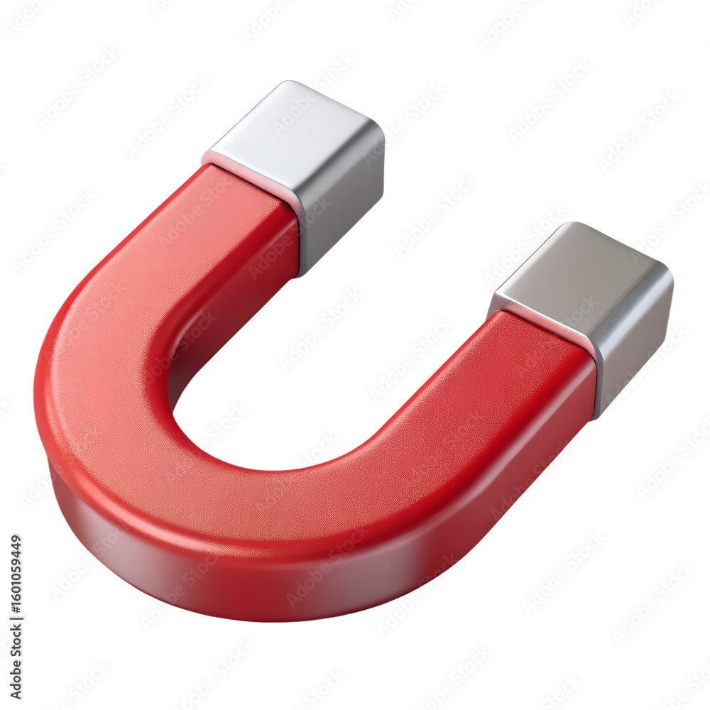 A red horseshoe magnet with silver ends is isolated on a transparent background A red horseshoe magnet with silver ends is isolated on a transparent background