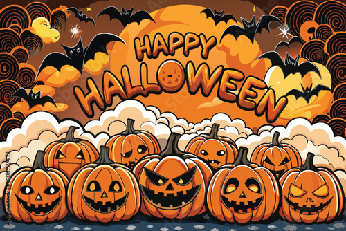 Spooky Halloween scene showcasing orange pumpkins and black bats, set against a dark, atmospheric background