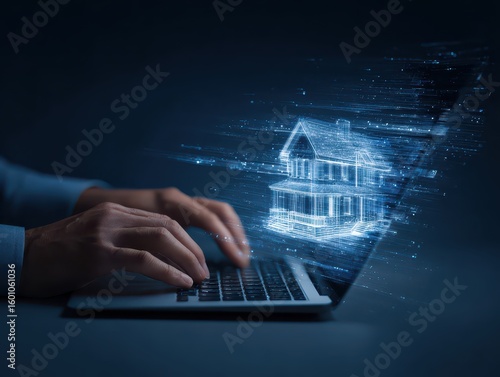 AI-powered automated real estate analytics and property valuation. Intelligent property management and AI-powered property investment. Man using laptop computer.